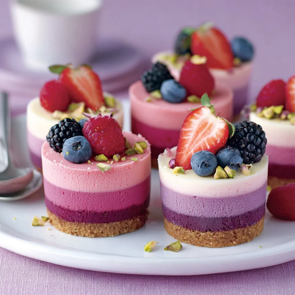 Mini ombre cake with strawberries and blueberries.