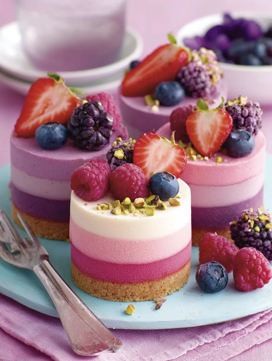 A slice of pink and purple ombre cake.