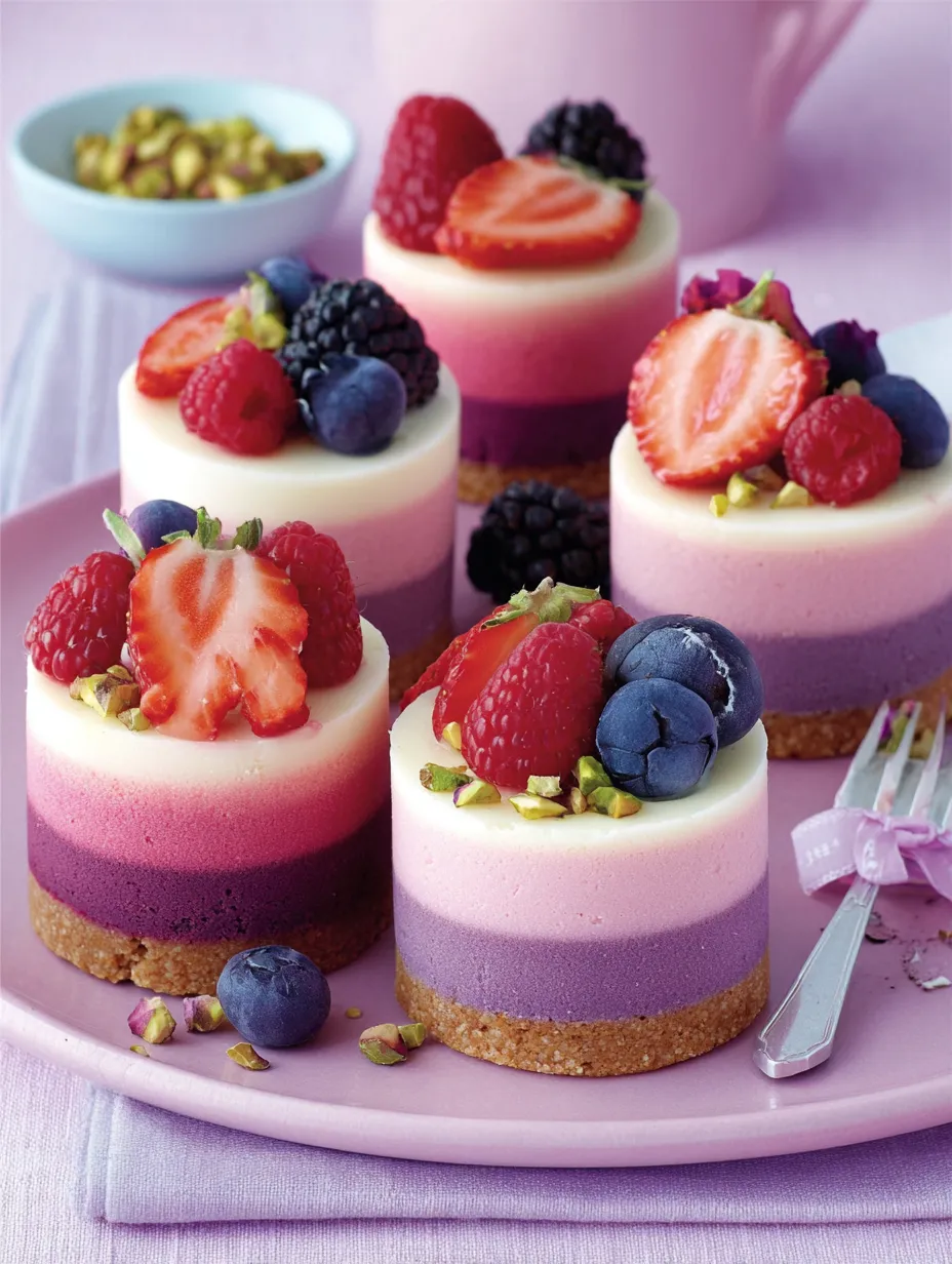 Mini ombre cake with strawberries and blueberries.