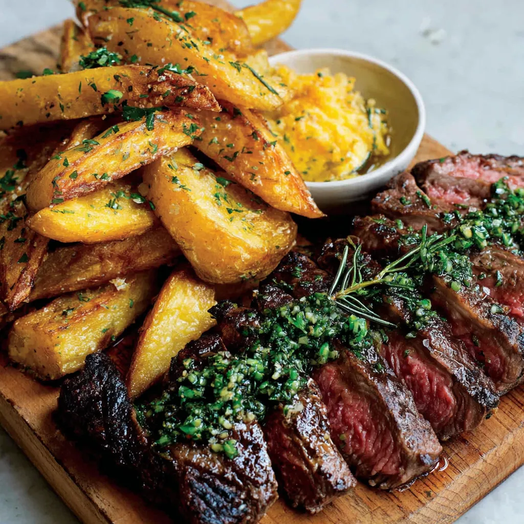 A plate of steak frites with Cafe de Paris butter.