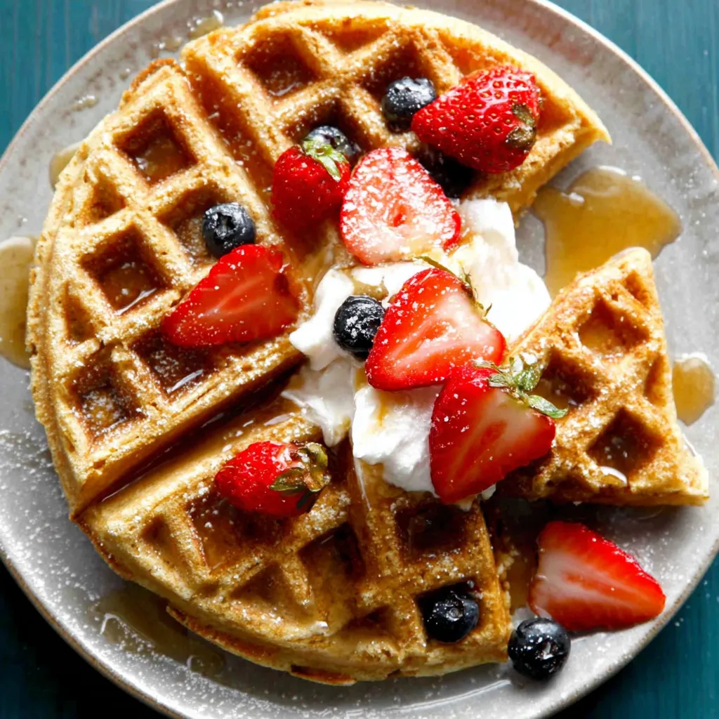 A waffle with strawberries and blueberries on top.