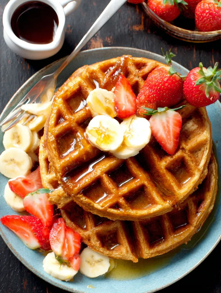 A plate of waffles with bananas and strawberries on top.
