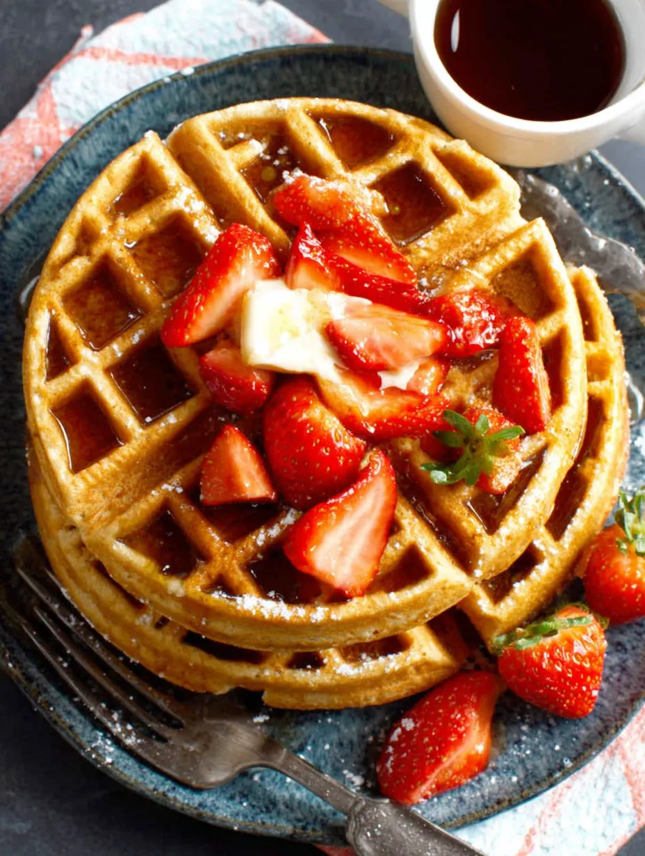 A waffle with strawberries and whipped cream.