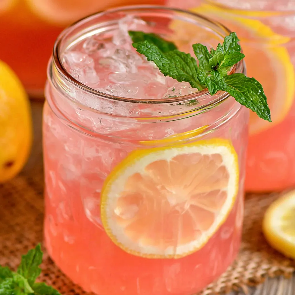A glass of pink lemonade with a lemon wedge in it.