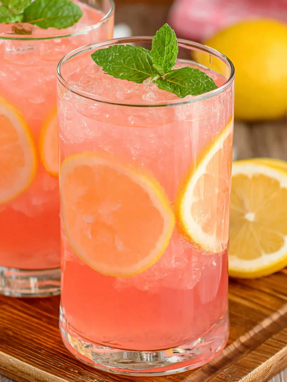 A glass of pink lemonade with a lemon wedge on top.