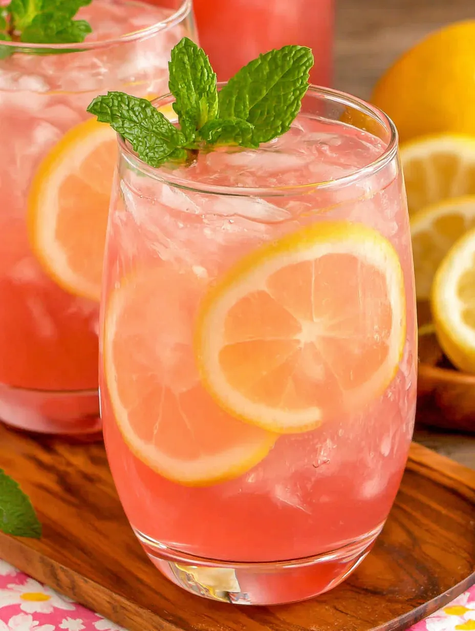 A glass of pink lemonade with a lemon wedge on top.