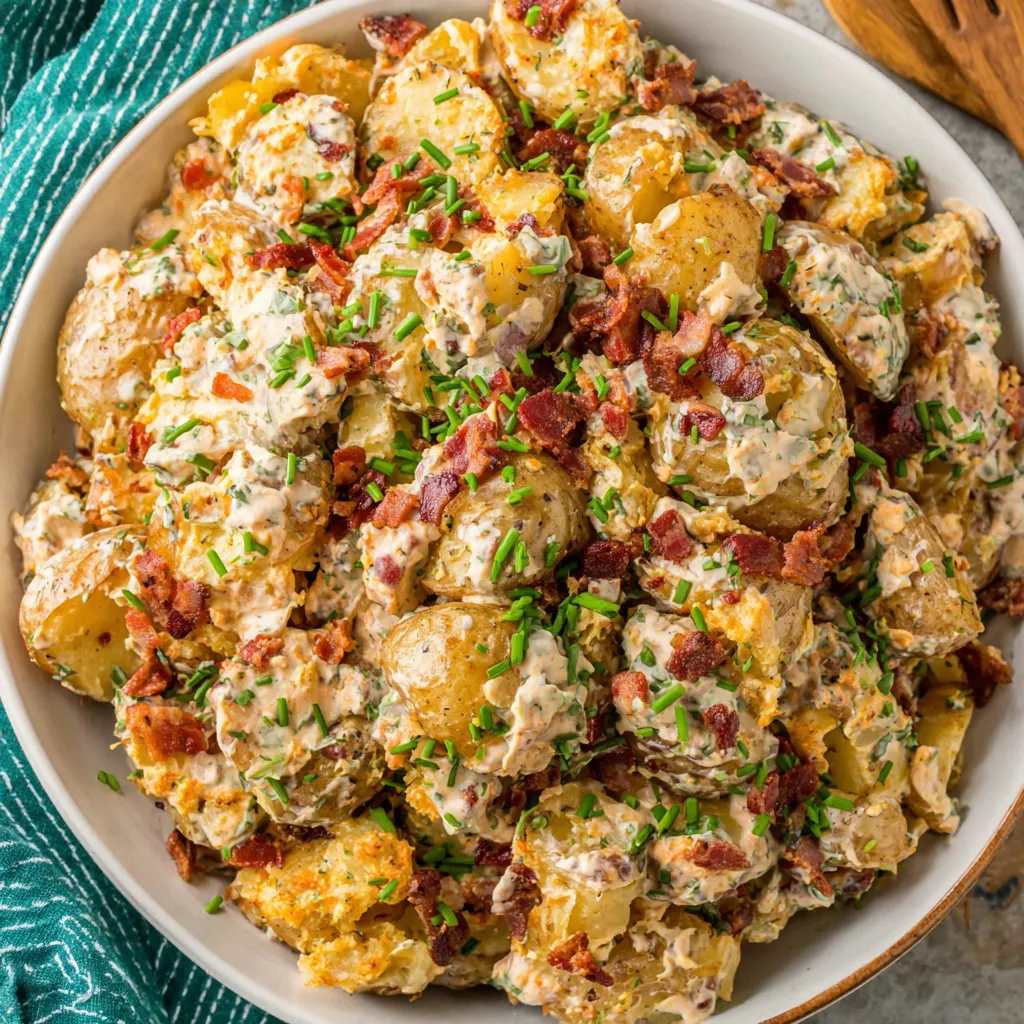 A bowl of crispy smashed potato salad.
