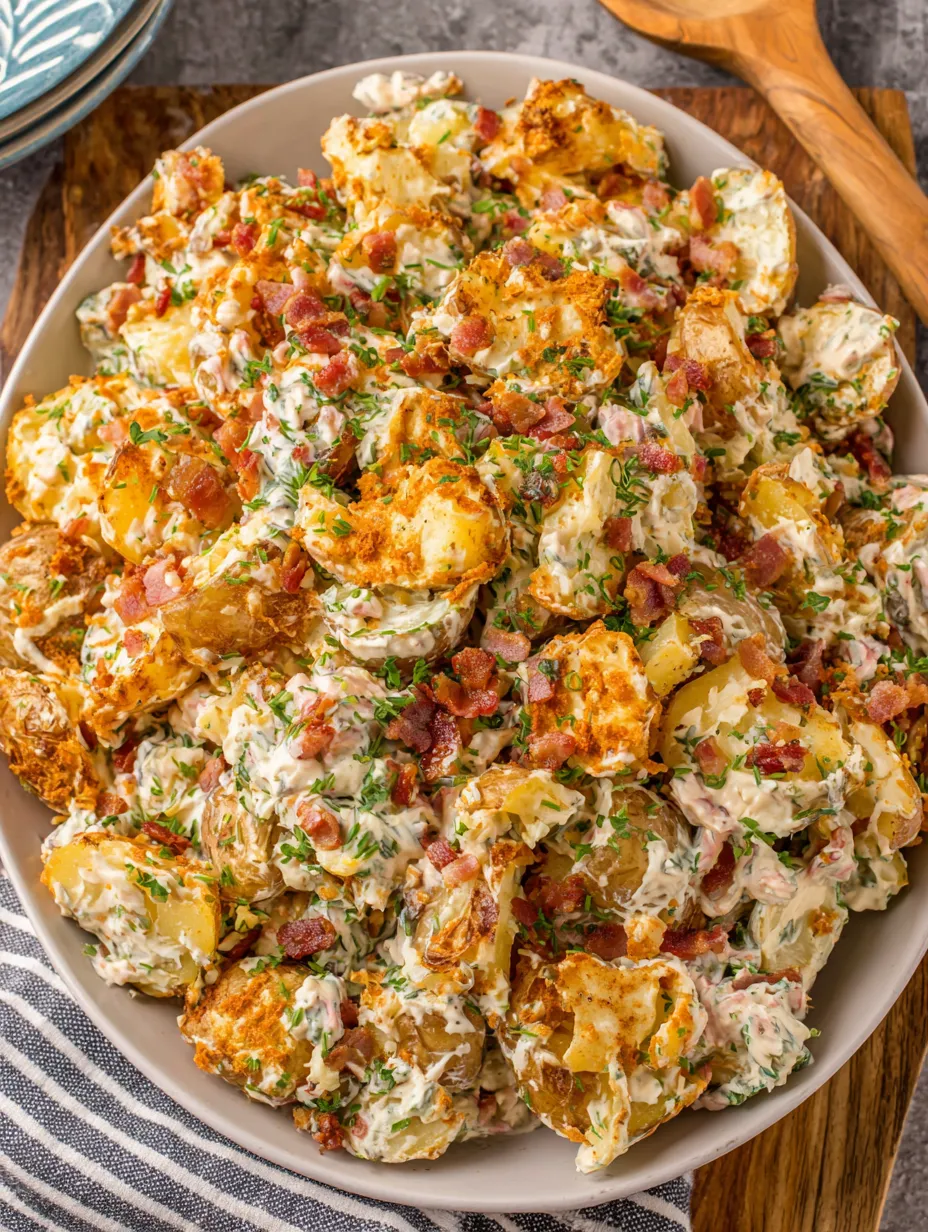 A bowl of crispy smashed potato salad.