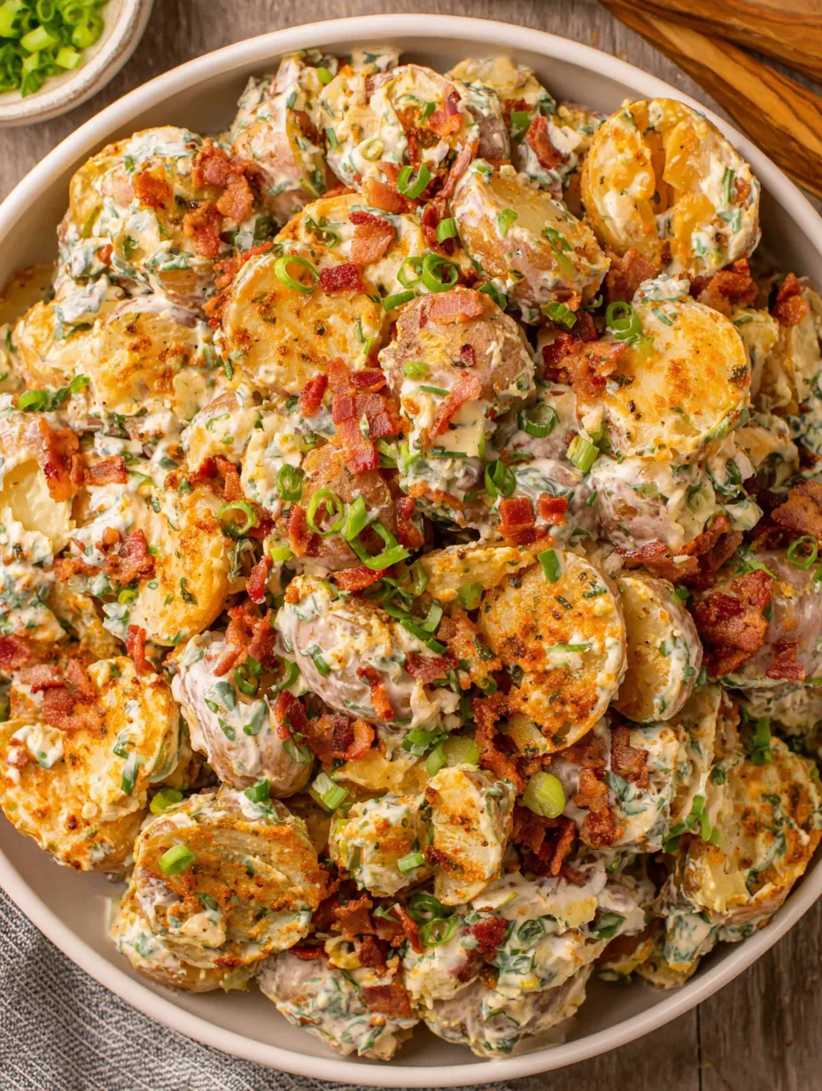 A bowl of crispy smashed potato salad.