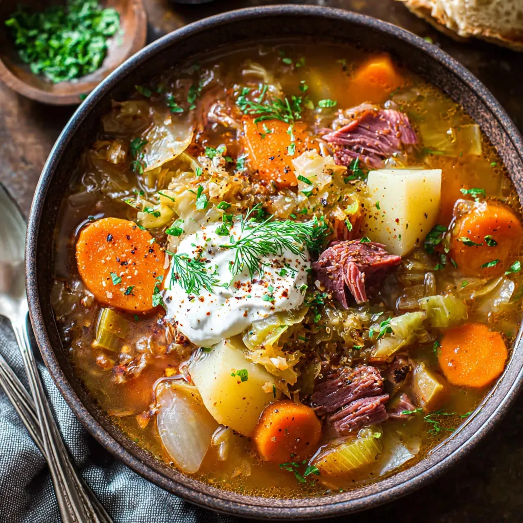 A bowl of corned beef and cabbage stew.