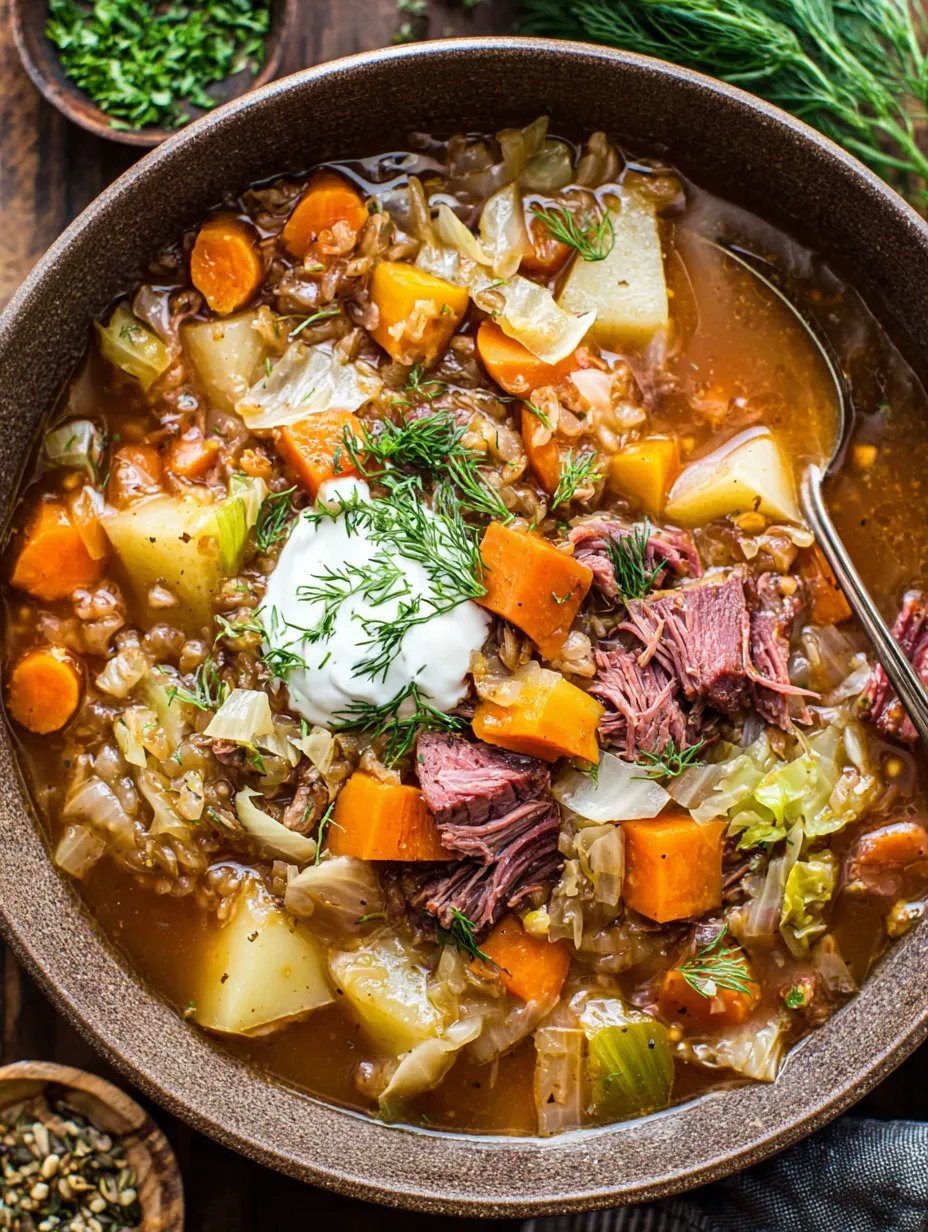 A bowl of corned beef and cabbage stew.
