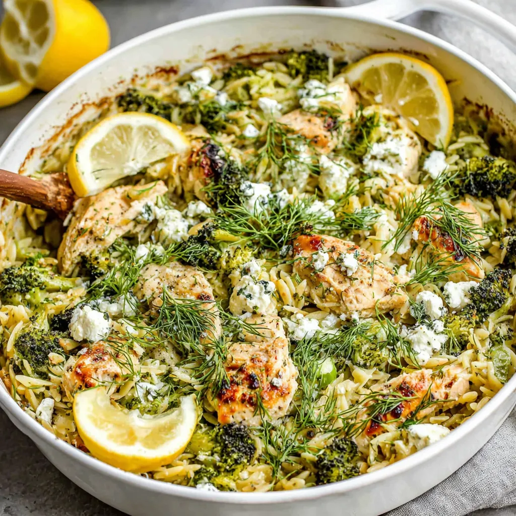 A dish with chicken, broccoli, and orzo.