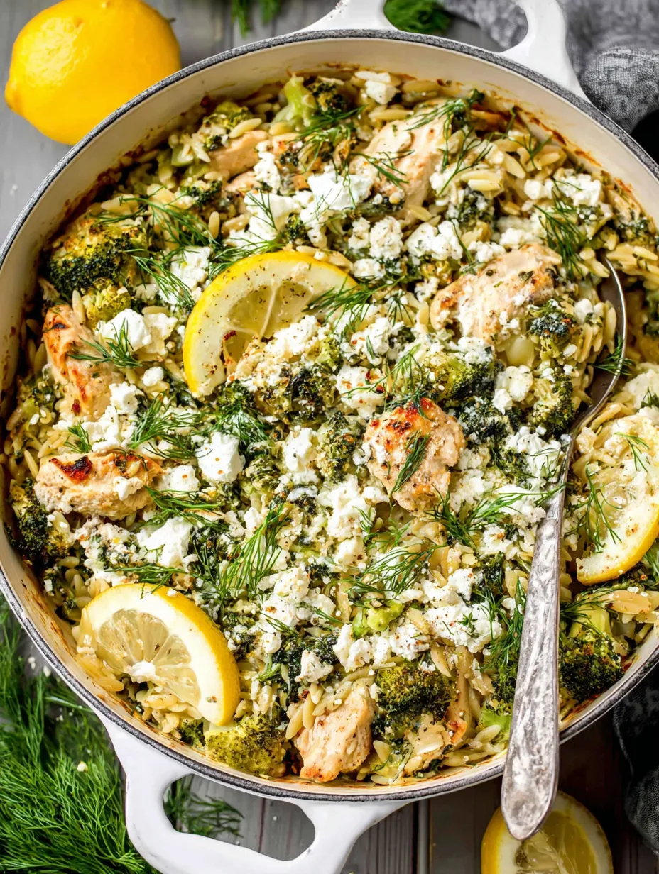 A dish of broccoli chicken orzo bake.