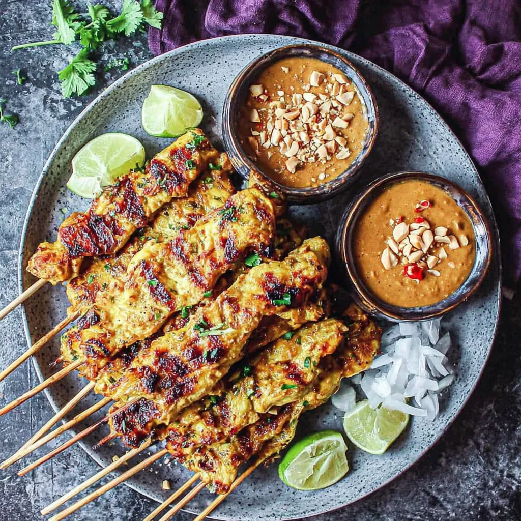 A plate of chicken satay with peanut dipping sauce.