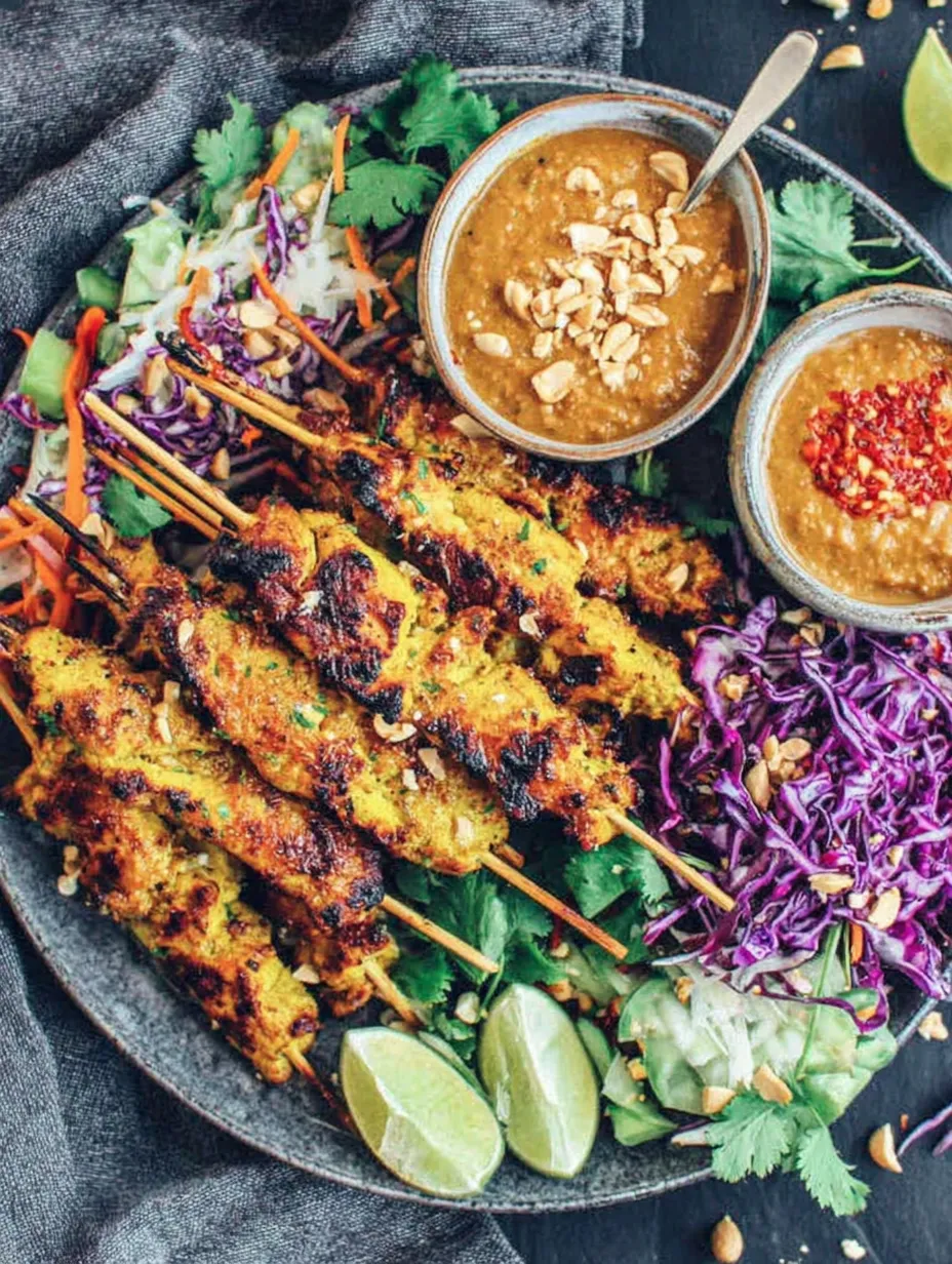 A plate of chicken satay with peanut dipping sauce.