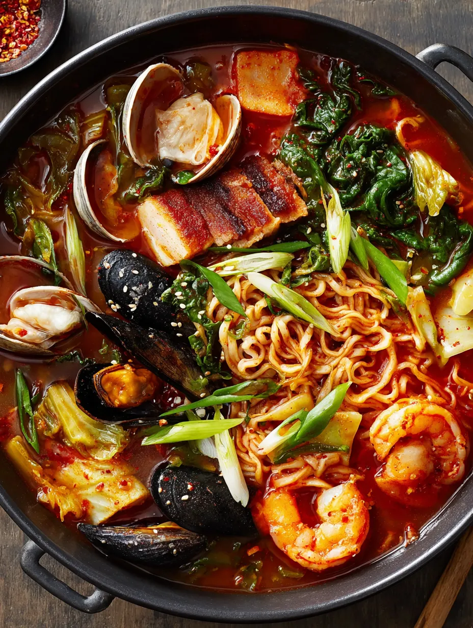 A bowl of Jjamppong (Korean Spicy Seafood Noodle Soup) with various ingredients.