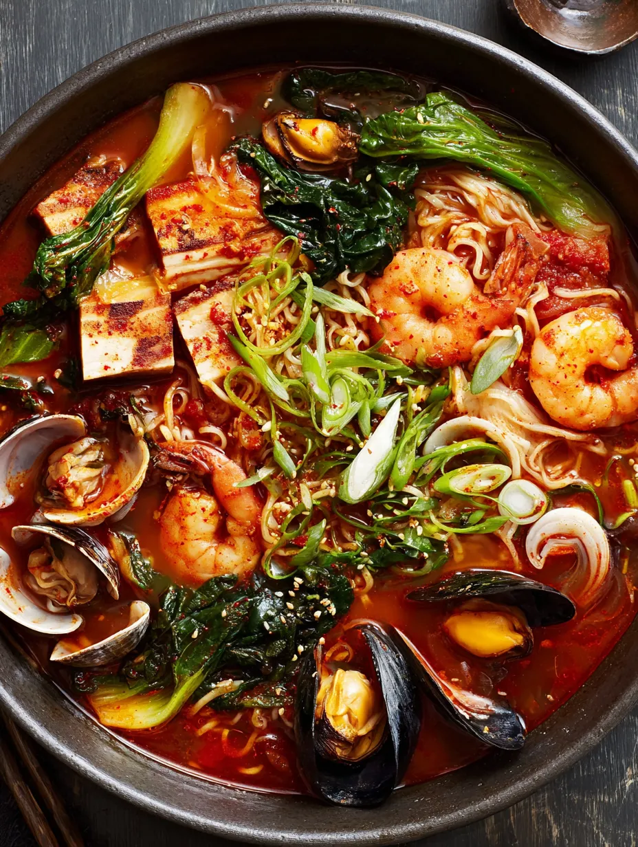 A bowl of Jjamppong (Korean Spicy Seafood Noodle Soup) with shrimp, noodles, and vegetables.