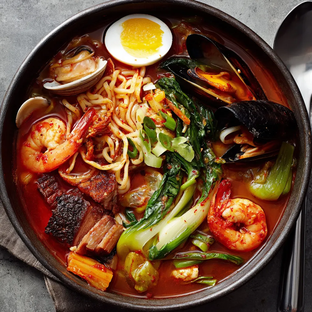 A bowl of Jjamppong (Korean Spicy Seafood Noodle Soup) with shrimp, noodles, and vegetables.