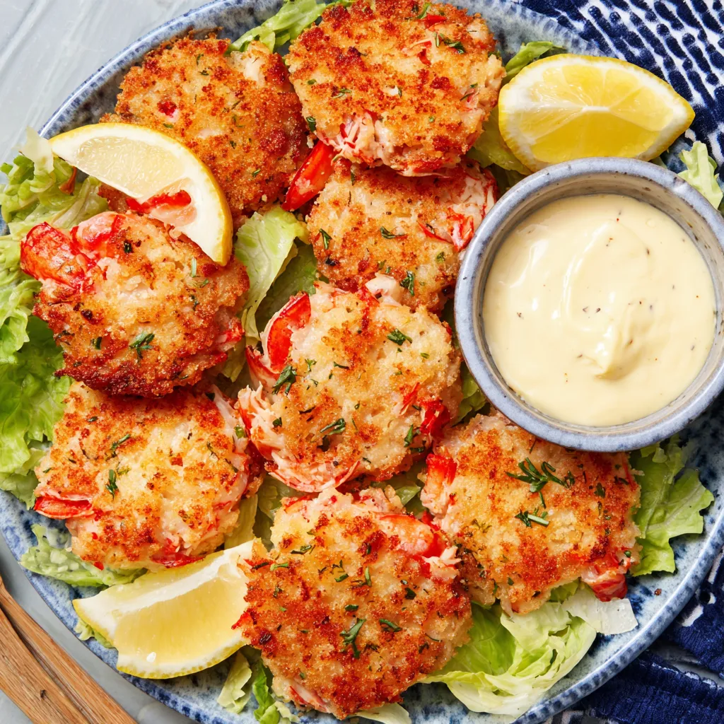 A plate of lobster-shrimp cakes with a bowl of dipping sauce.