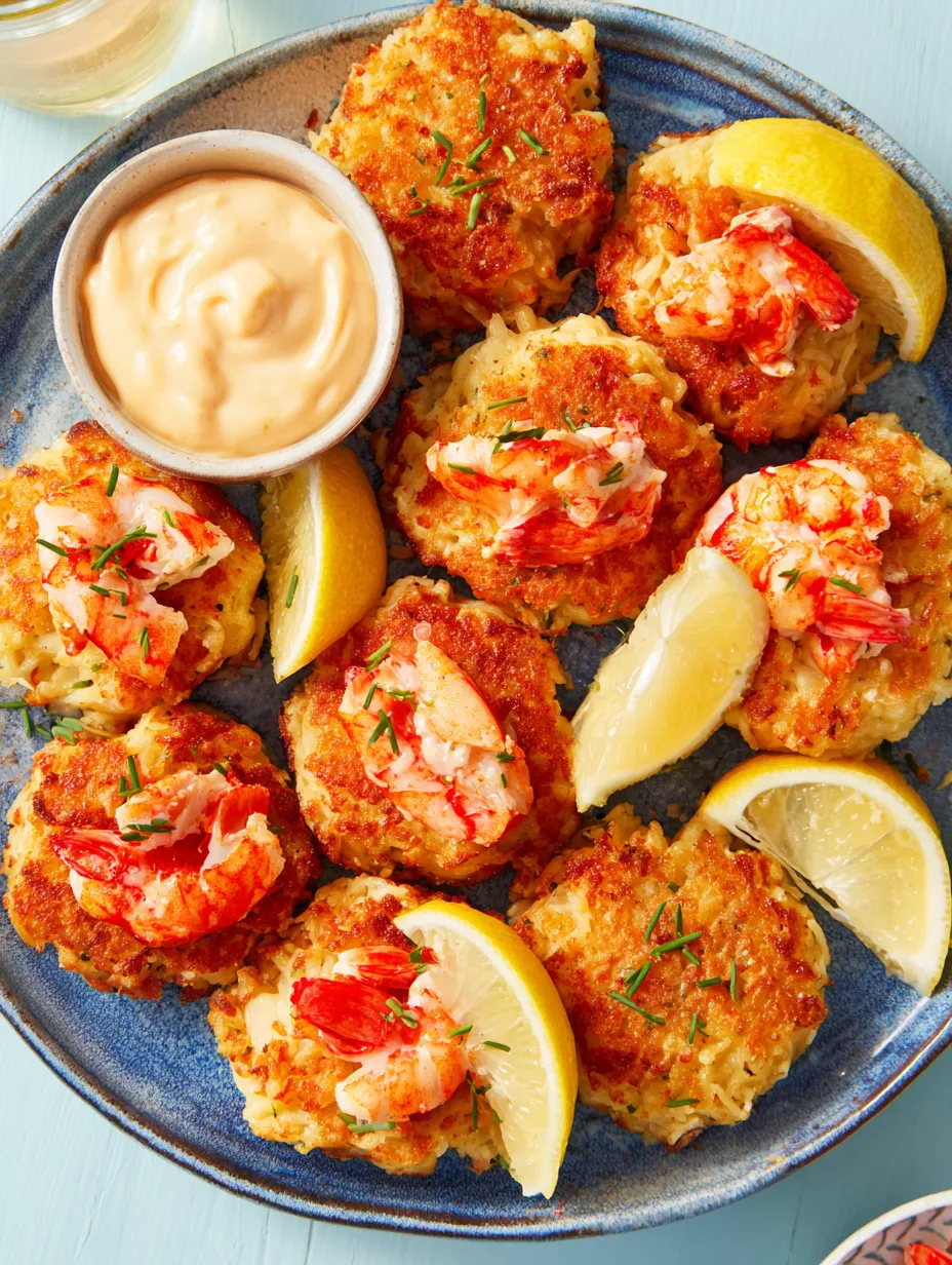 A plate of lobster-shrimp cakes with lemon wedges.