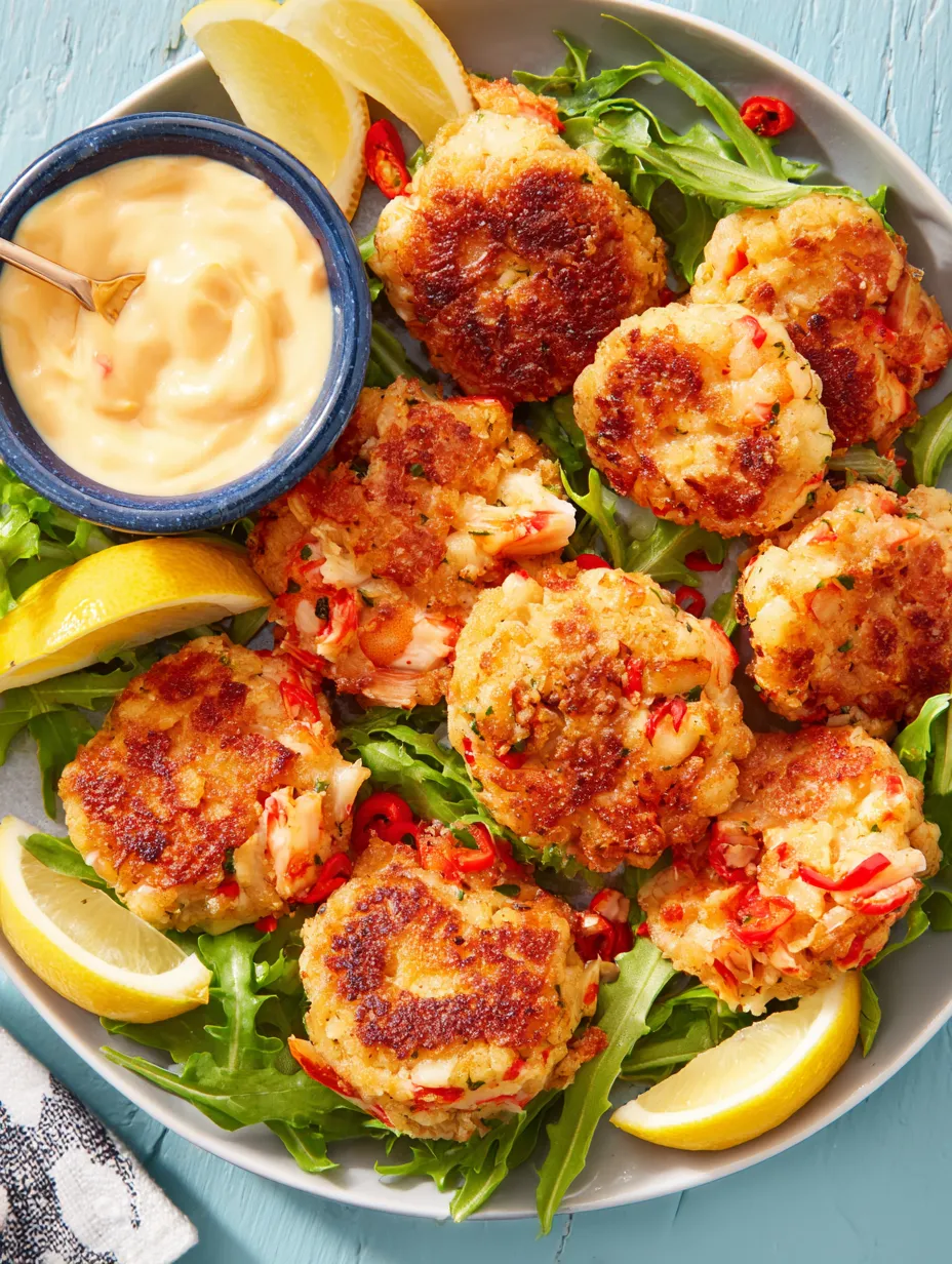 A plate of lobster-shrimp cakes with a lemon wedge.