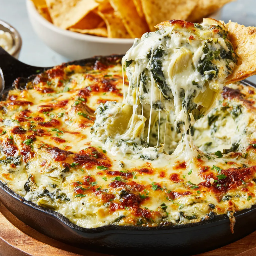 A spinach artichoke dip with a spoon in it.