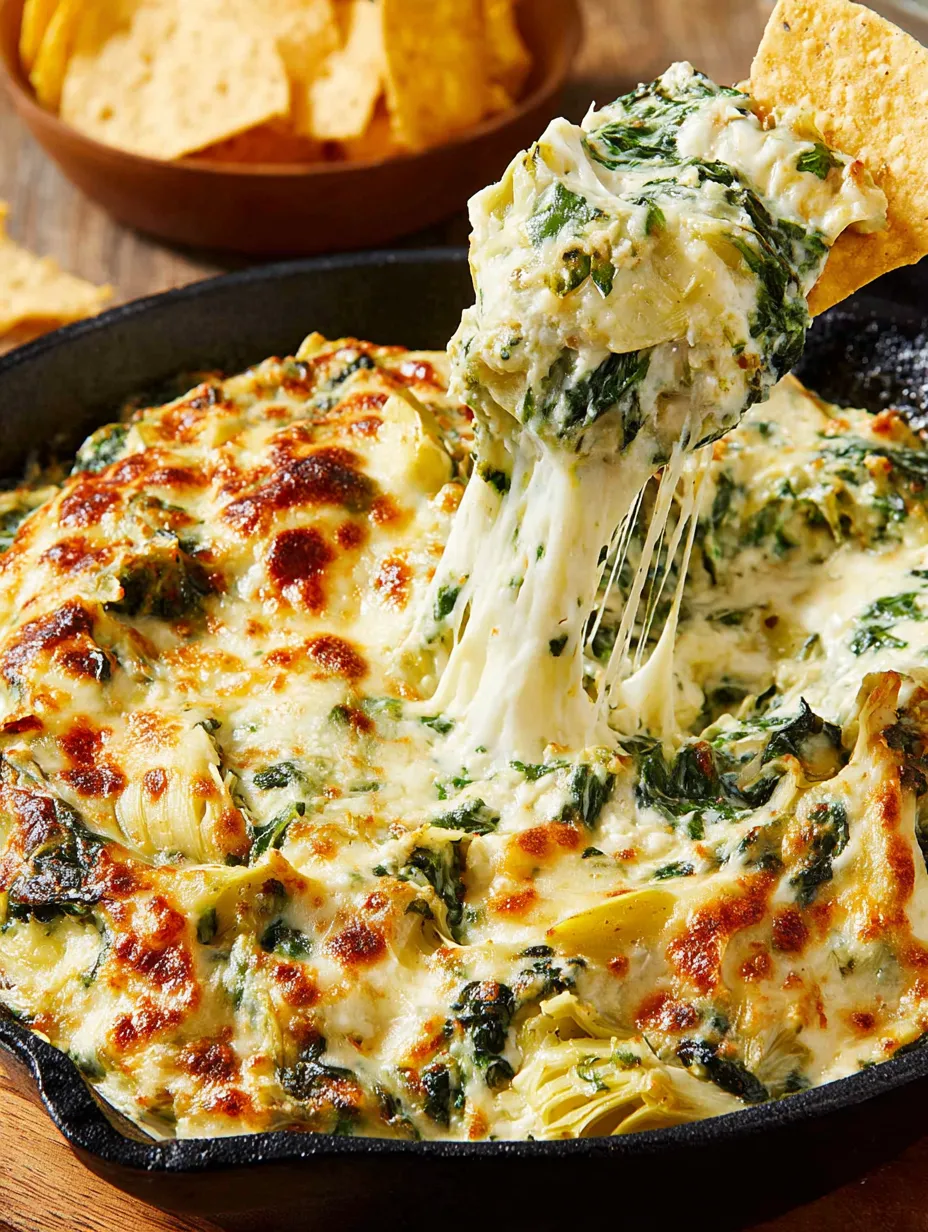 A spinach artichoke dip is being served in a bowl.