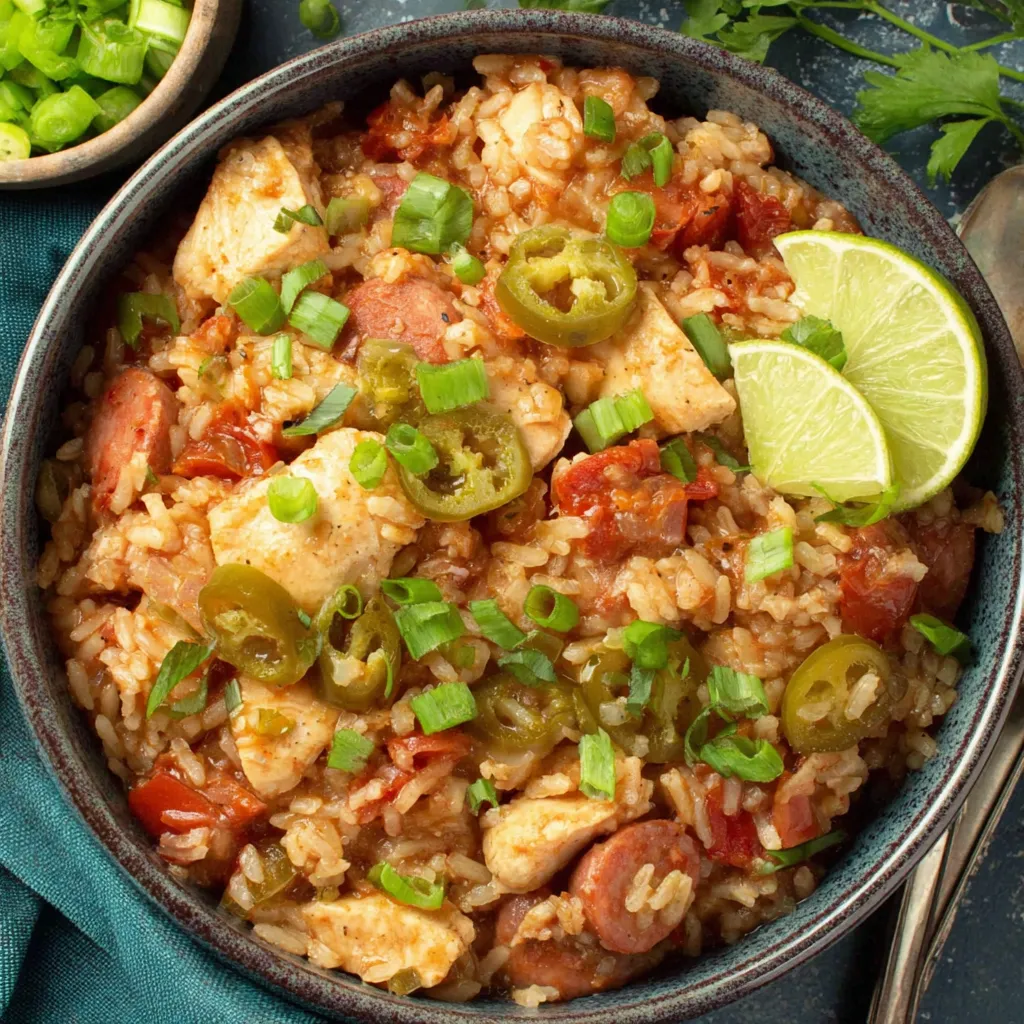 A bowl of chicken jambalaya with rice, peppers, and lime.