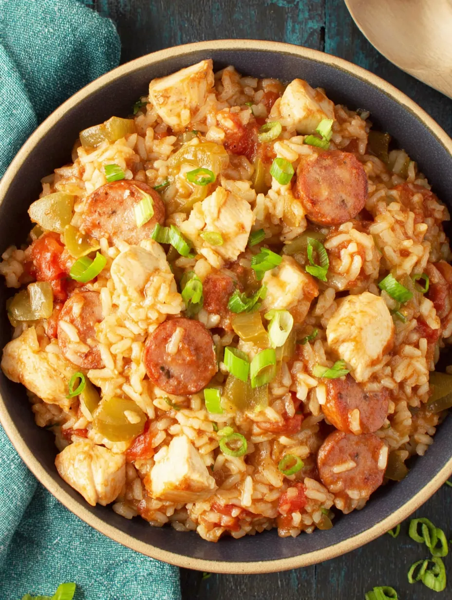 A bowl of chicken jambalaya with rice and vegetables.