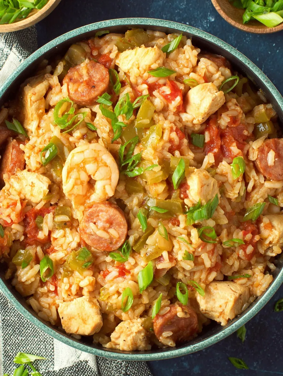 A bowl of chicken jambalaya with rice, sausage, and peppers.
