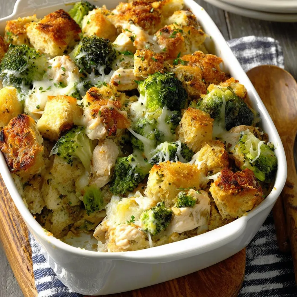 A dish of chicken and Swiss stuffing bake.