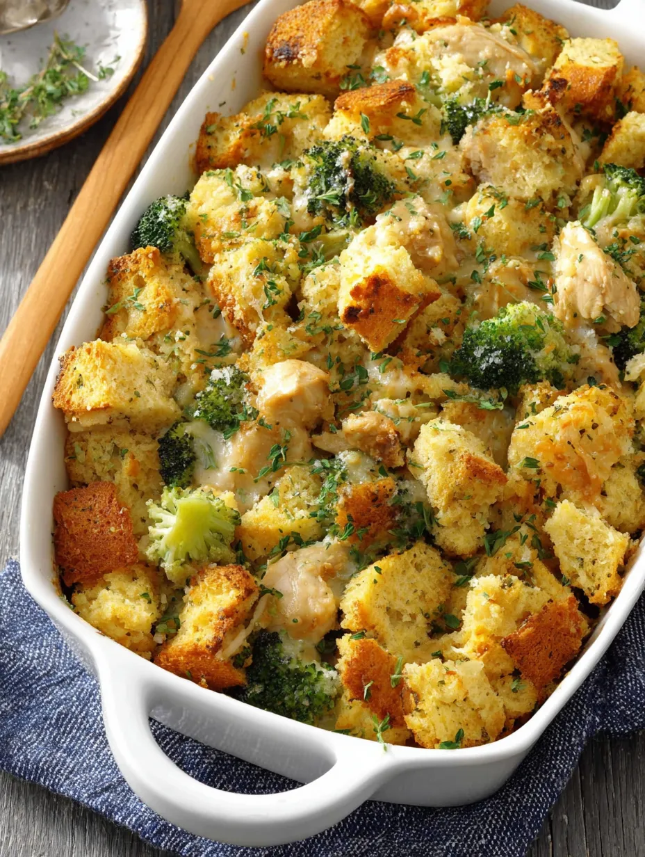 A dish of chicken and swiss stuffing bake.