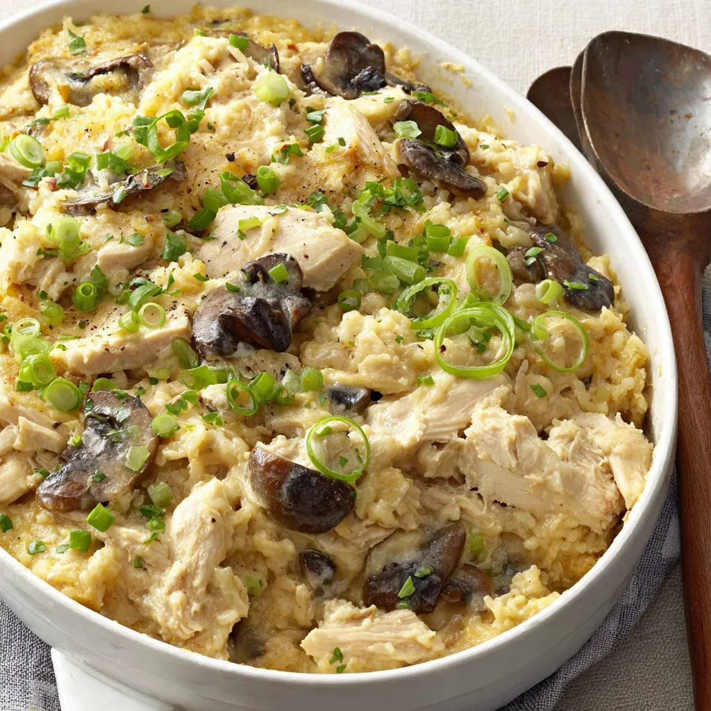 A creamy chicken and mushroom rice casserole.