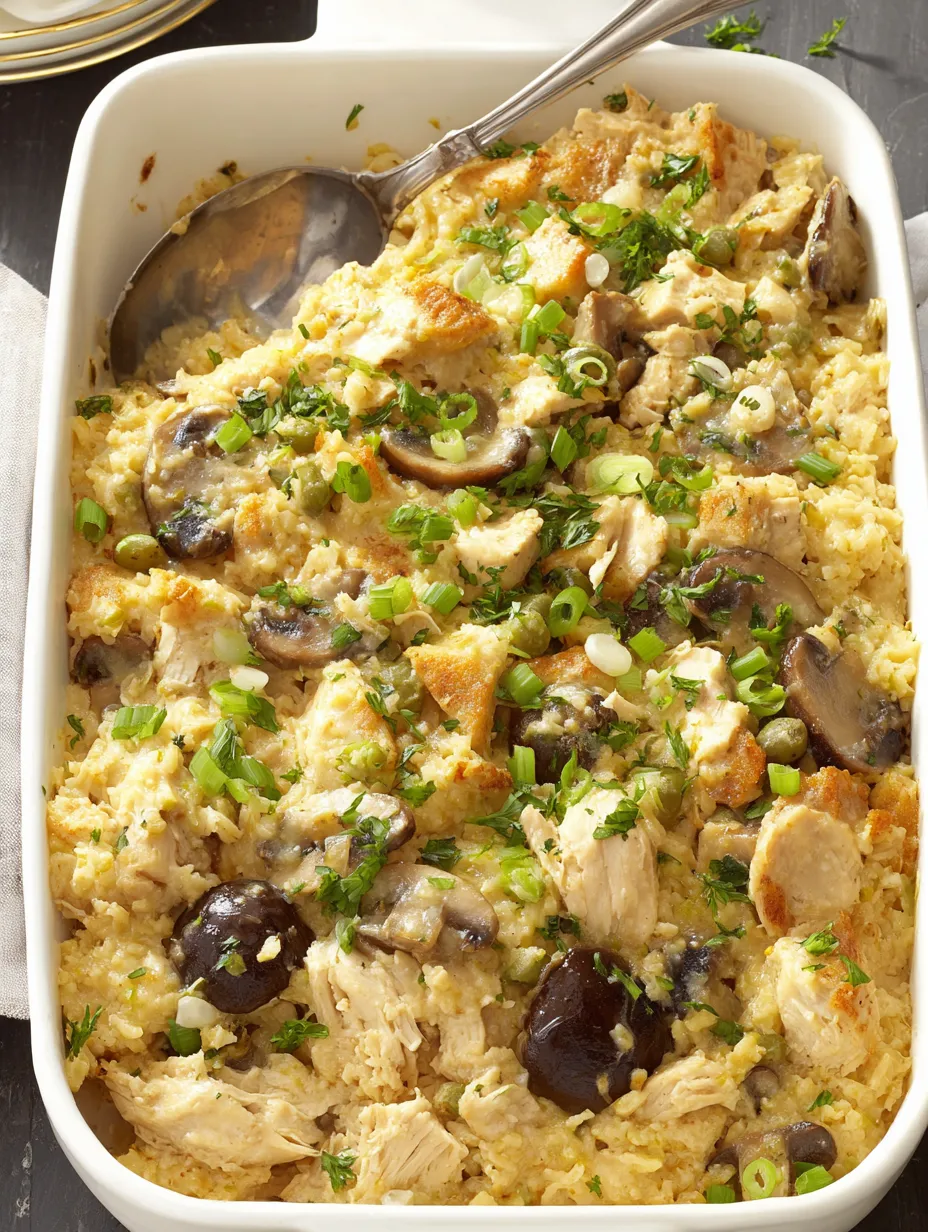 A creamy chicken and mushroom rice casserole.