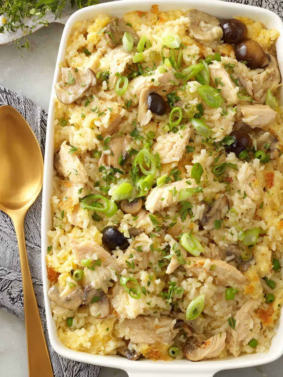 A creamy chicken and mushroom rice casserole.