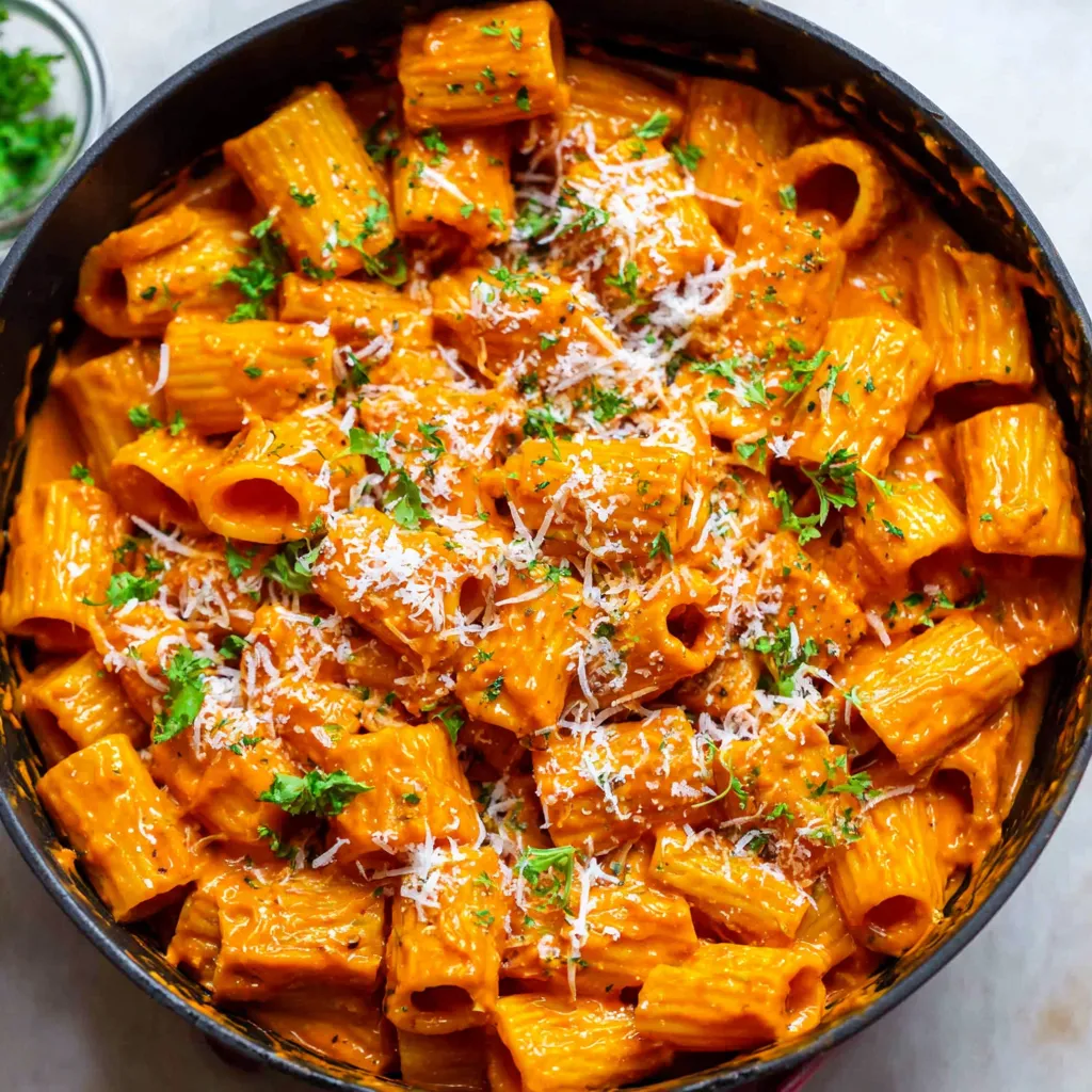 A bowl of pasta with cheese and herbs.