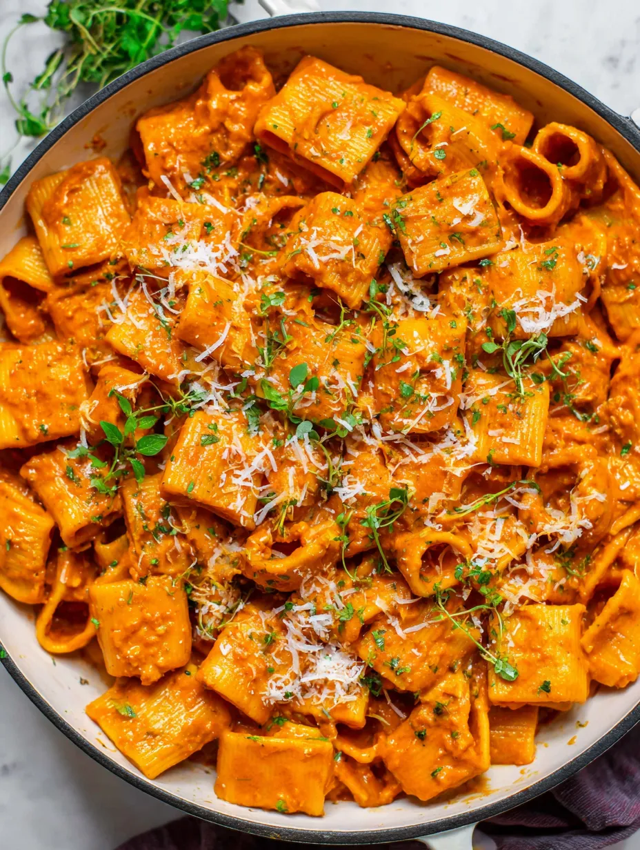 A bowl of pasta with cheese and herbs.