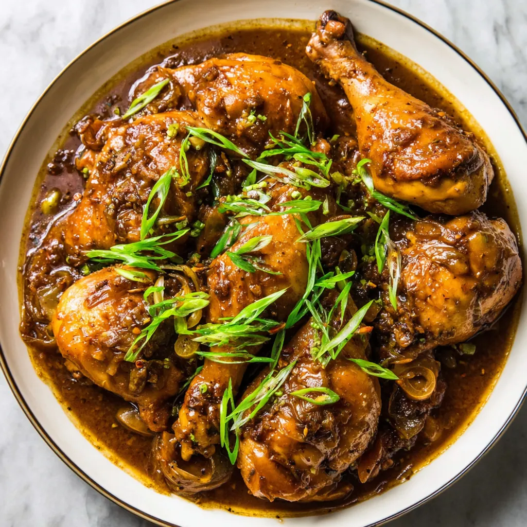 A plate of chicken adobo with green onions.