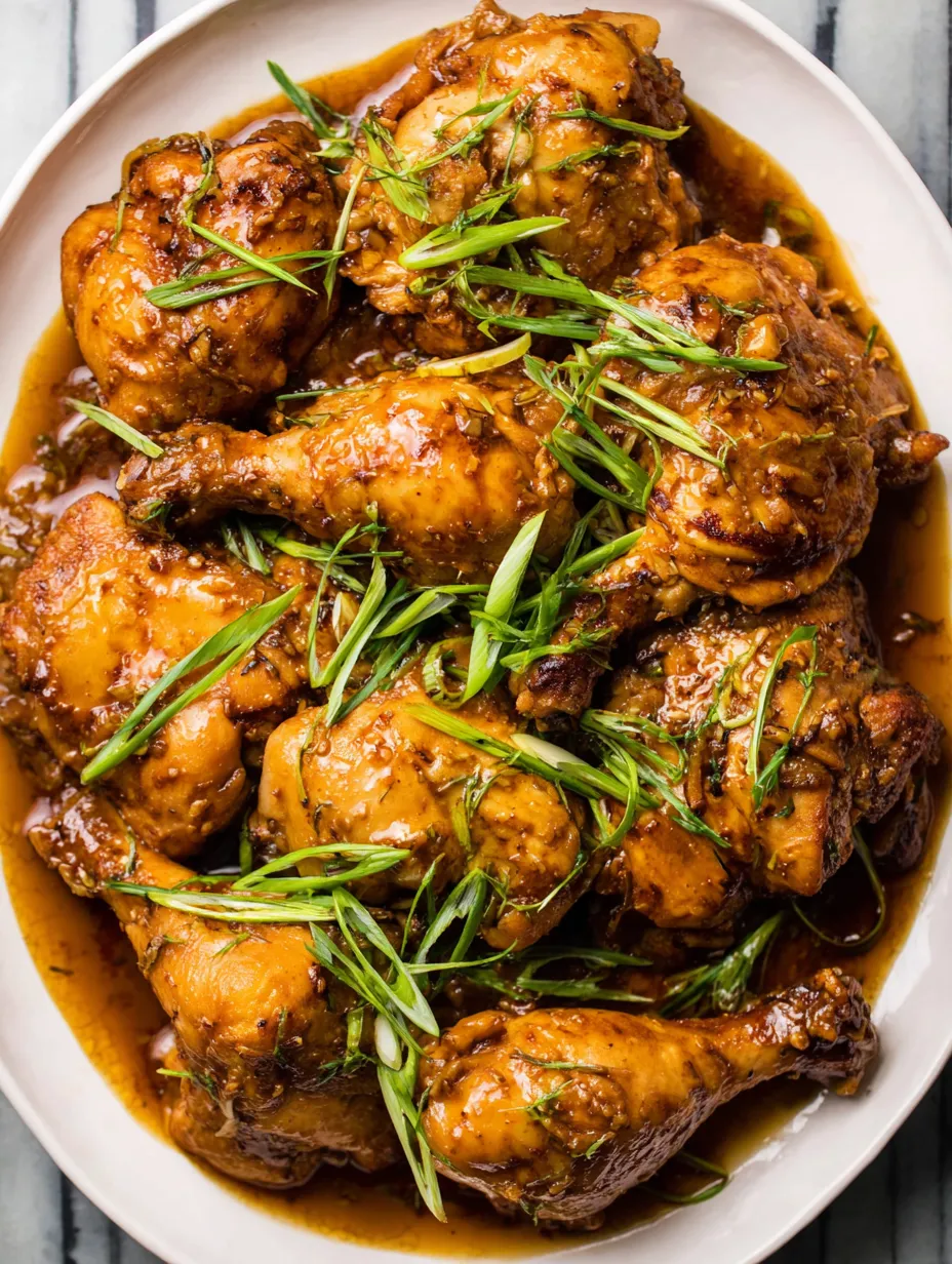 A plate of chicken adobo with green onions.