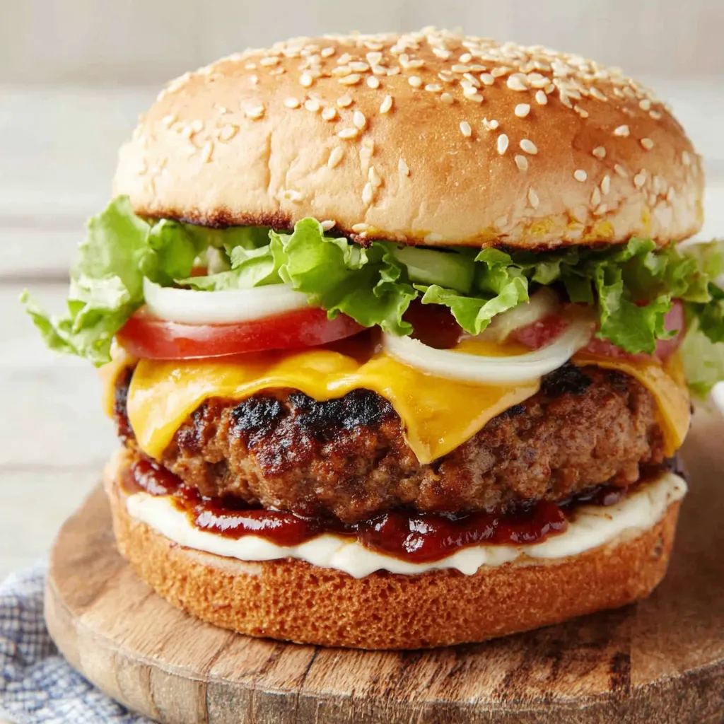 A large burger with lettuce, tomato, onion, and squash.