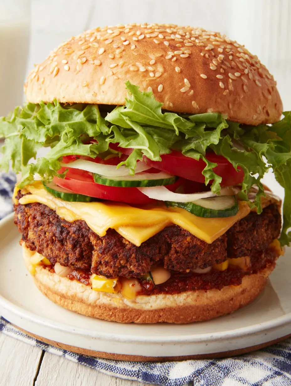 A large burger with lettuce, tomato, and onion.