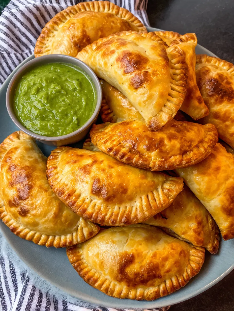 A plate of empanadas with a green sauce.