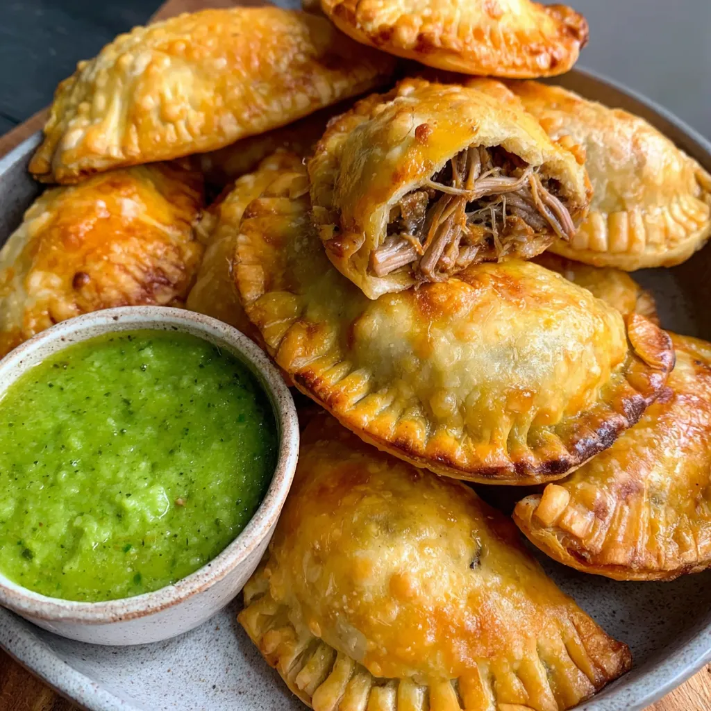 A plate of empanadas with a green sauce.