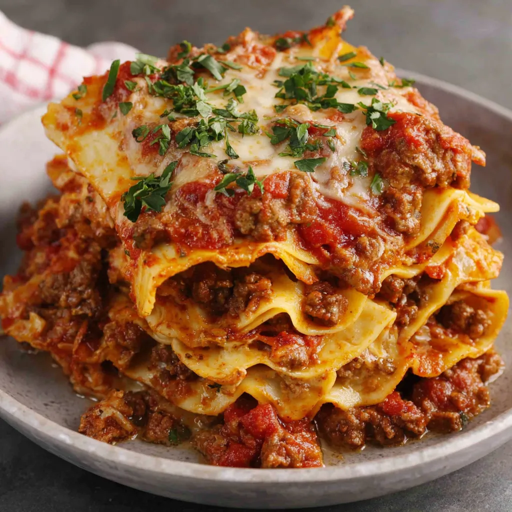 A plate of lasagna with meat and cheese.