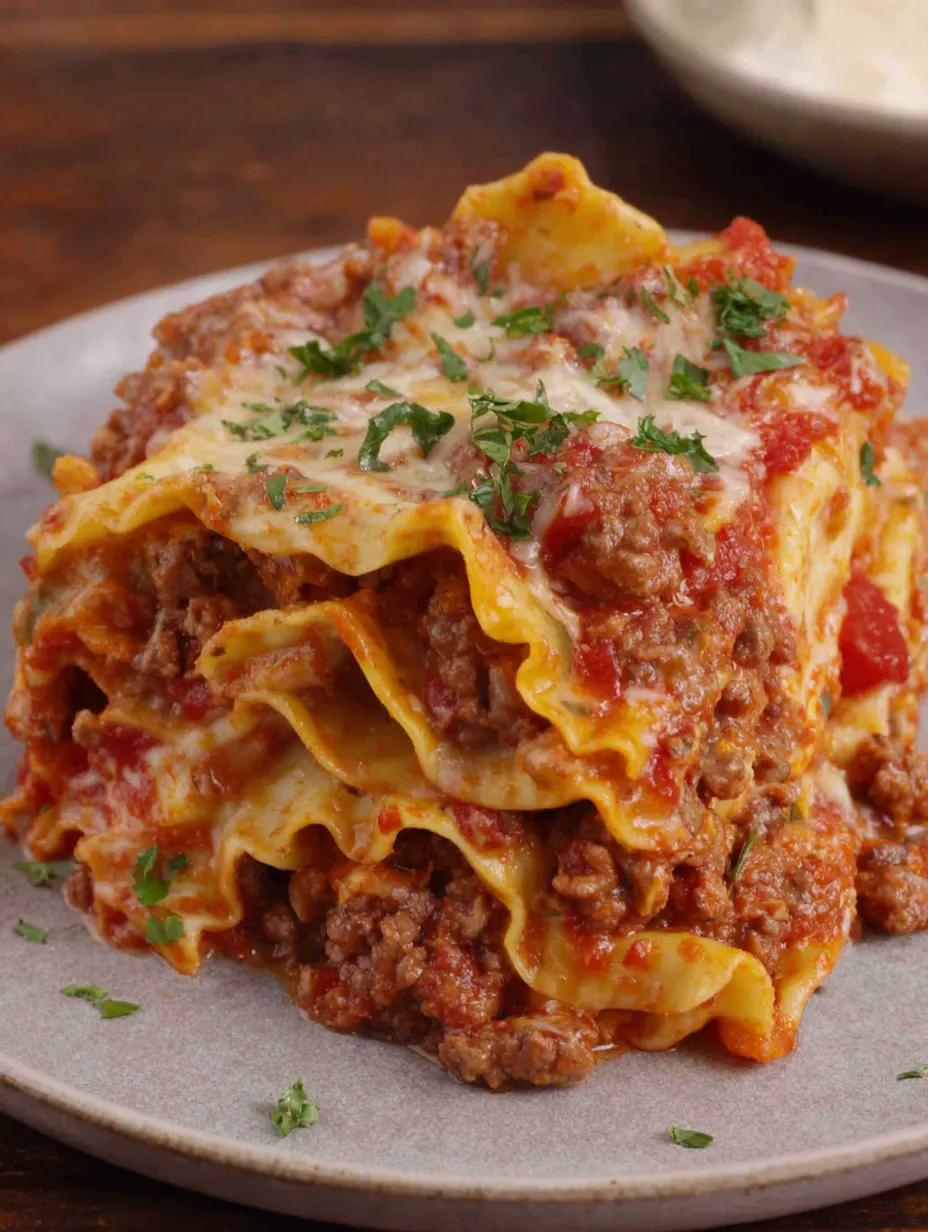 Slow cooker lasagna with meat and cheese.