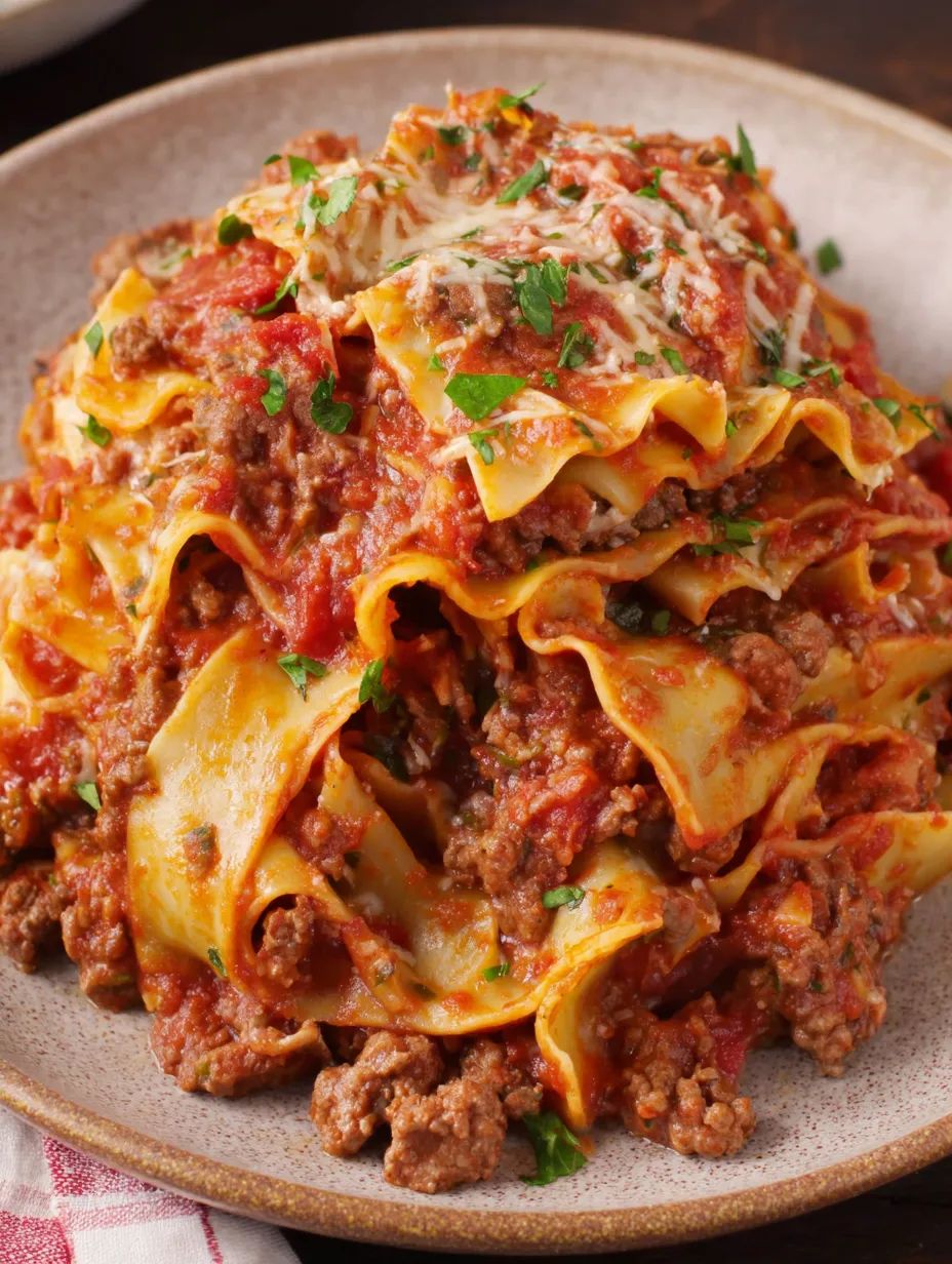 A plate of lasagna with meat and cheese.
