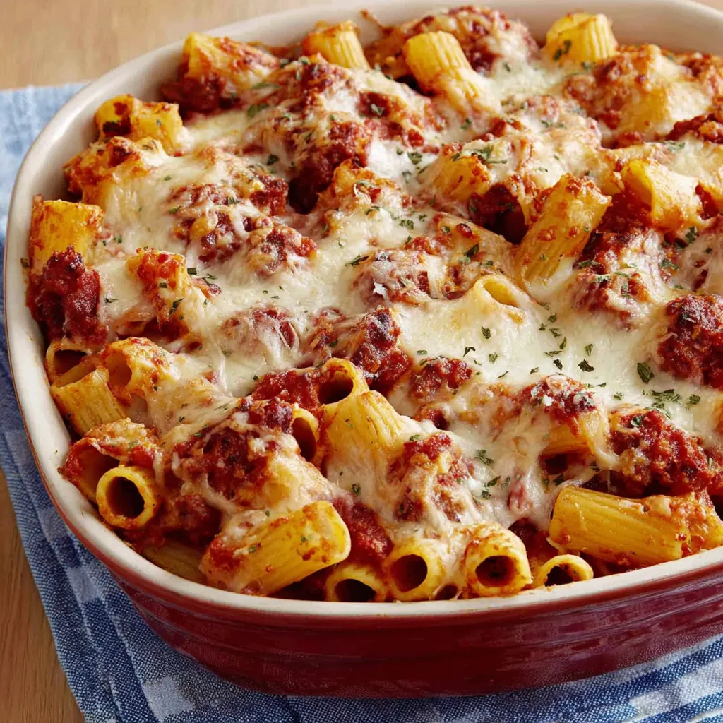 A baked ziti dish in a bowl.
