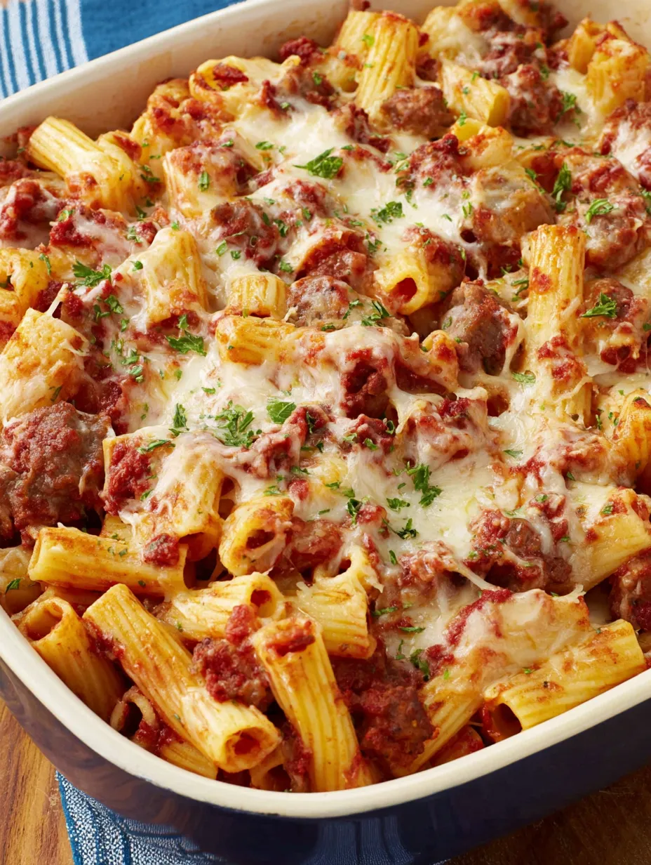 A baked ziti dish with pasta and meat.