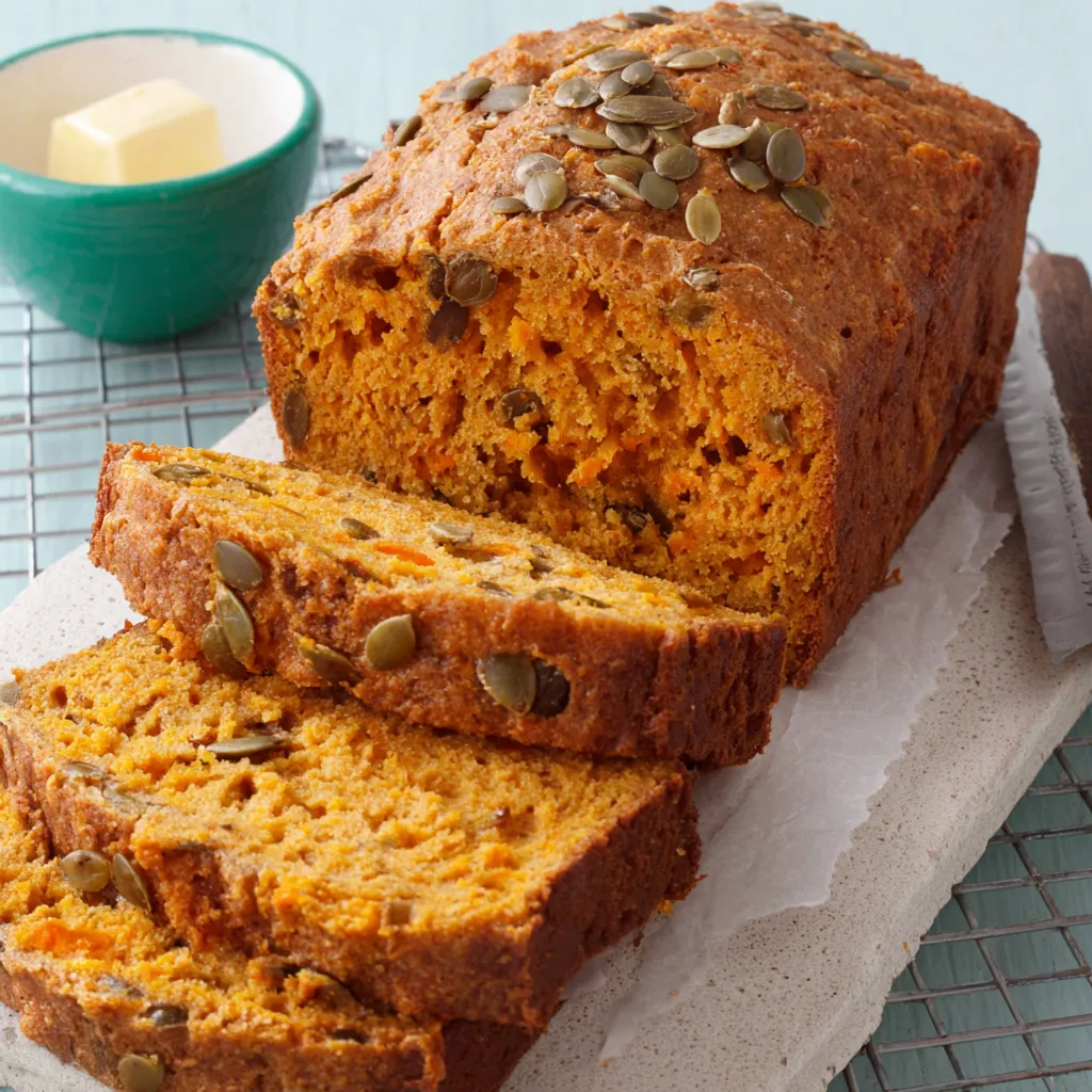 A loaf of pumpkin bread with seeds on top.