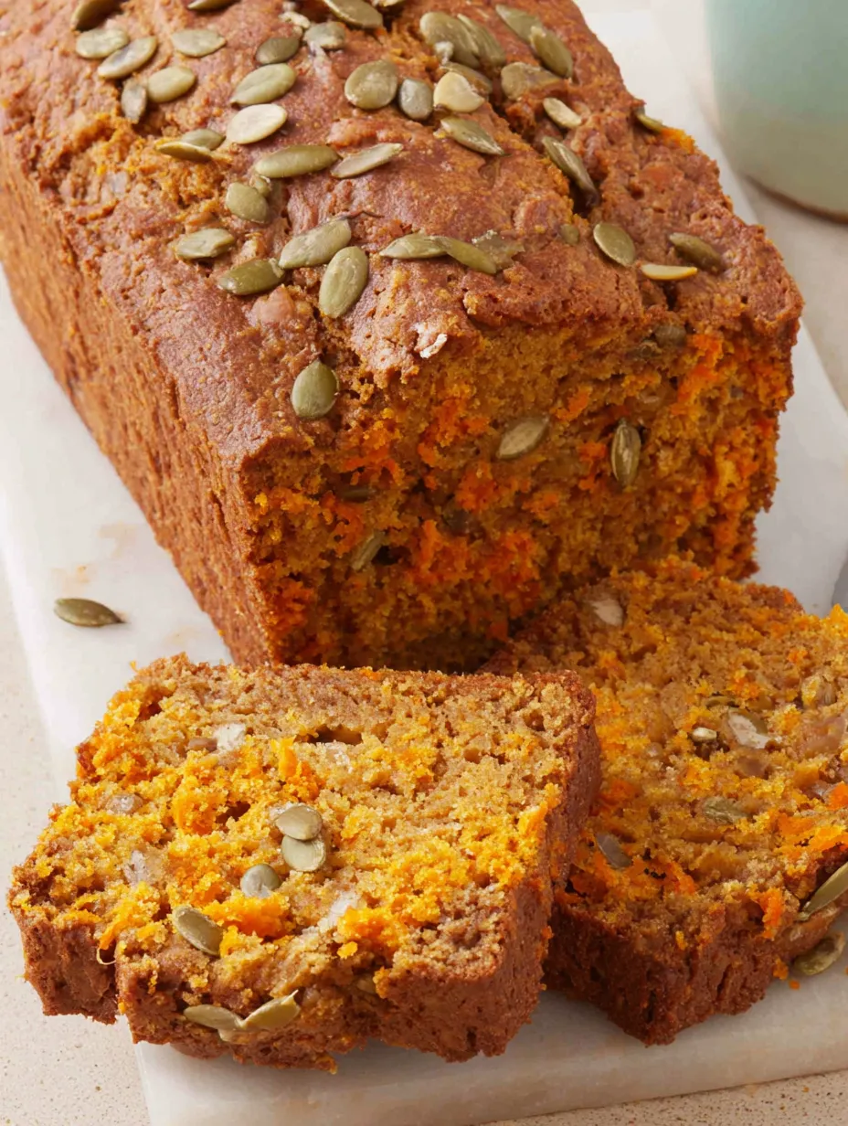A loaf of pumpkin bread with seeds on top.